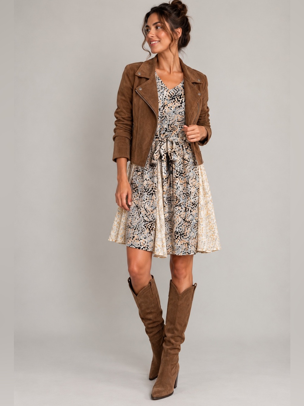 DAVI & DANI Long Sleeve Patterned Dress - Black, Cream, Tan size medium